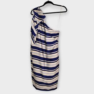 Banana Republic Womens Dress |  Sz 12 | One Shoulder Bow Stripe‎ Satin Blue Glam